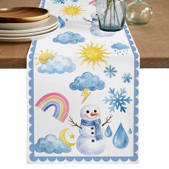 Cute Snowman Table Runner 70 Inches, Blue Weather Snowy Rainy Sun Rainbow Bed Runner Dresser Scarves Tabletop for Indoor Outdoor Parties/Ceremony/Banquet, 13" x 70"