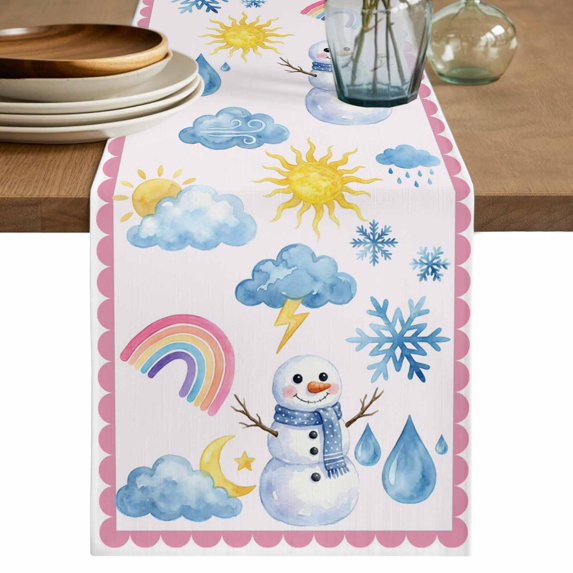 Cute Snowman Table Runner 90 Inches, Pink Weather Snowy Rainy Sun Rainbow Bed Runner Dresser Scarves Tabletop for Indoor Outdoor Parties/Ceremony/Banquet, 13" x 90"