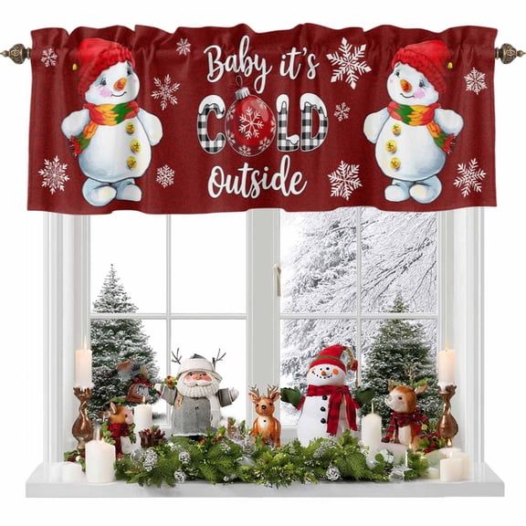 Cute Snowman Valances for Windows, 42 x 18in, It's Cold outside Snowflake Winter Red Rod Pocket Kitchen Valance Curtain Light Filtering Window Treatments for Living Room Bedroom, 1 Panel
