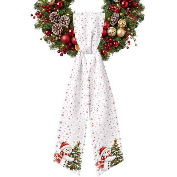Cute Snowman Wreath Sash for Front Door Traditional Christmas Tree Snowflake Red Ribbon Sash, Winter Holiday Wreath Accessories for Yard Porch Doorway Decor , Indoor Outdoor, 4.9 x 56 Inches