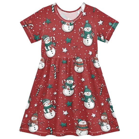 Cute Snowmen Short Sleeve Dress A-Line Cute Midi Casual Sundress 2-8 Years