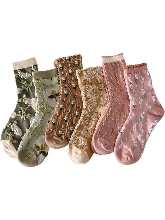 Cute Socks for Women,Floral Socks,Ideal for Daily Wear,Geometric 3D Textured,Ankle Cotton Socks,6 Pairs,Size 5-8.5