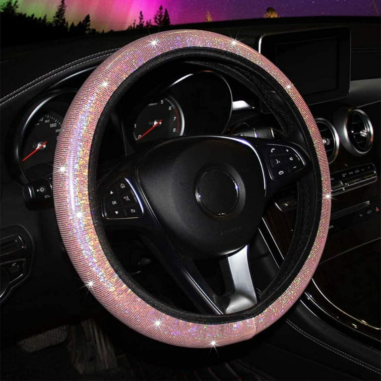 Cute Soft Colorful Bling Bling Steering Wheel Cover for Women Girls, Universal 15 inch, Fit SUVs, Vans, Sedans, Cars, Trucks - Pink