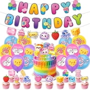 Cute Soft Rubber Stress Relief Toy Themed Birthday Decor Set. This all-in-one party supply kit with banners, balloons, big cake decor and cupcake toppers, ideal for indoor birthday celebrations