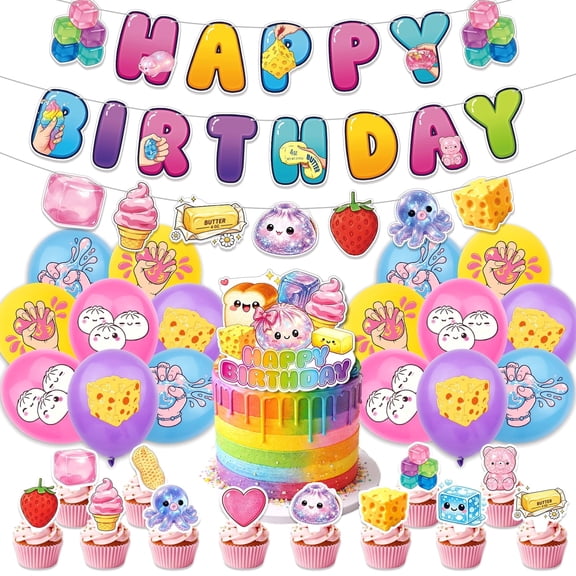 Cute Soft Rubber Stress Relief Toy Themed Birthday Decor Set. This all-in-one party supply kit comes with banners, balloons, big cake decor and cupcake toppers, ideal for indoor birthday celebrations