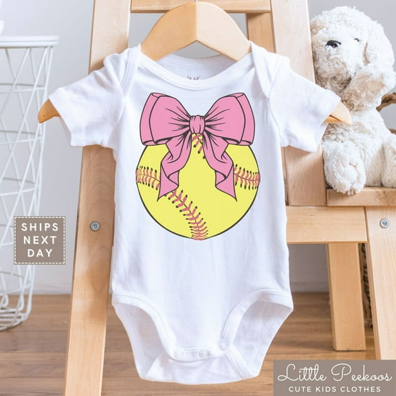 Cute Softball Baby Onesie, Coquette Softball Bow Kids T-Shirt, Soft Ball Girl Kids Shirt, Softball Player Gift Cute Baby Onesie, BABY BODYSUIT LAT 4424