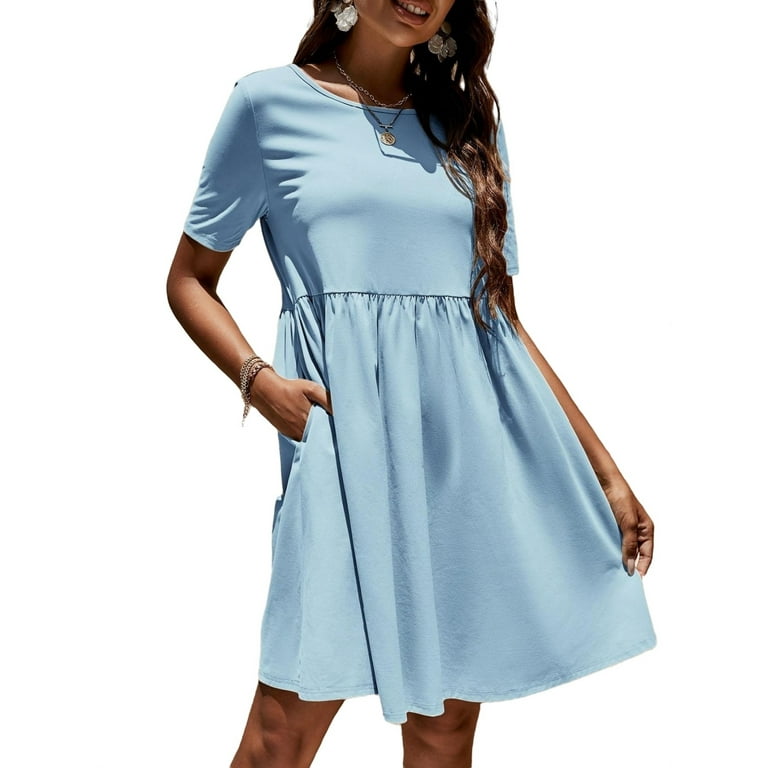 Cute Solid Round Neck Smock Baby Blue Women s Dresses Walmart