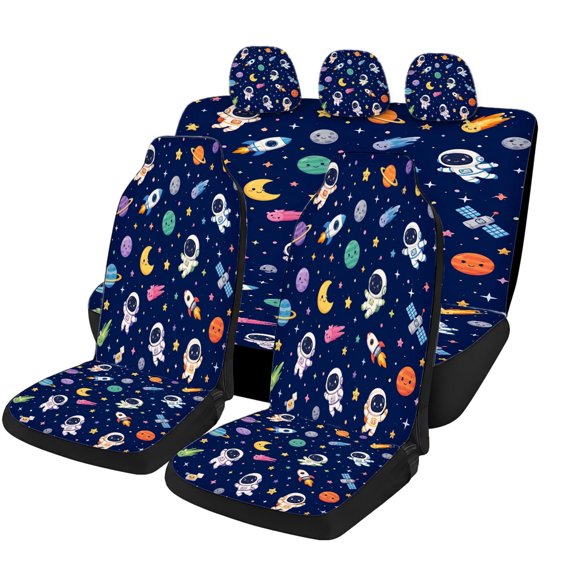 Cute Space Astronaut Car Seat Covers Full Set, Universal Auto Seat Covers with Front Seat Covers, Rear Bench Cover and Headrest Covers for Cars SUVs Trucks Vans, Galaxy Interior Accessories