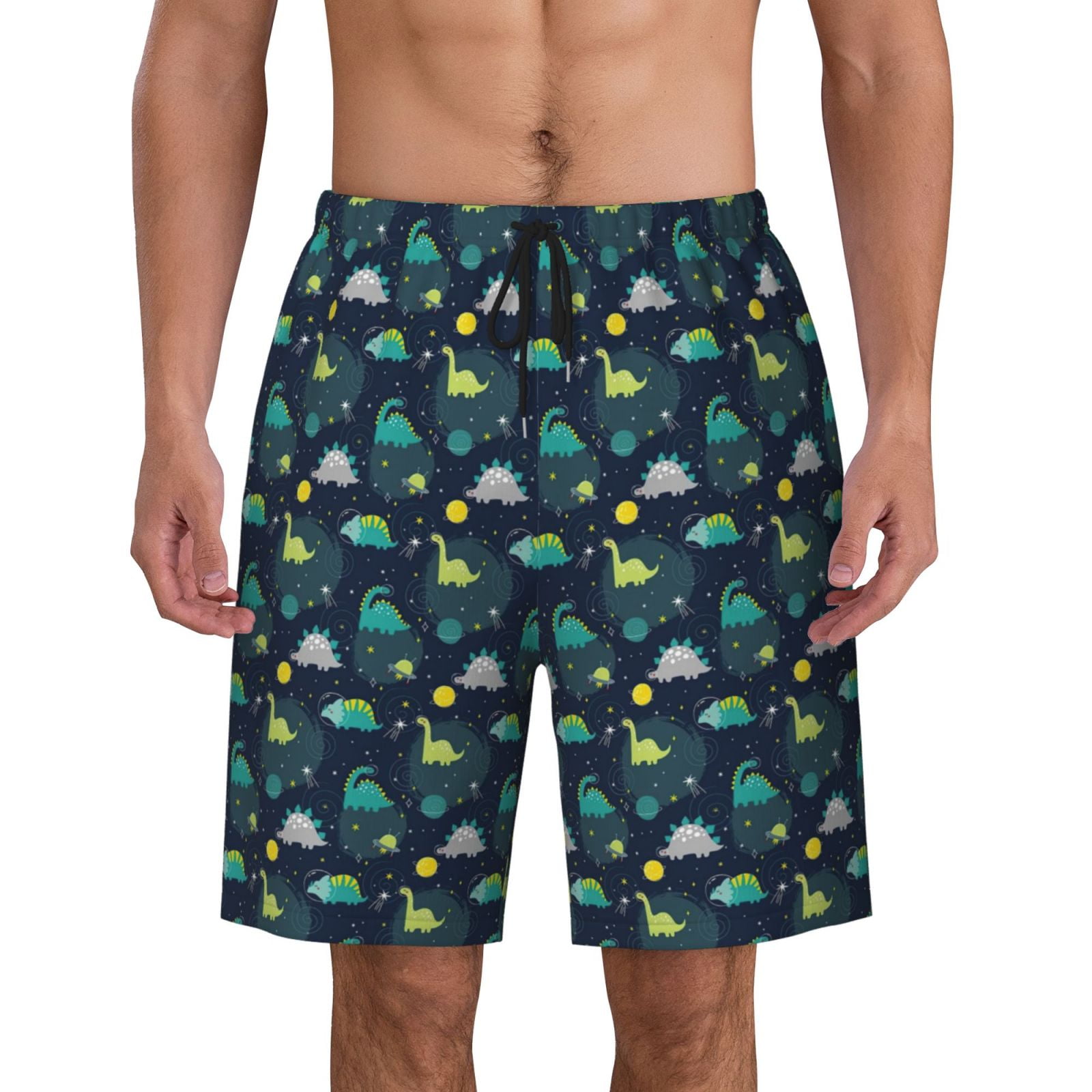 Cute Space Dinosaurs Pattern Mens Quick Dry Short Swim Trunks With Mesh