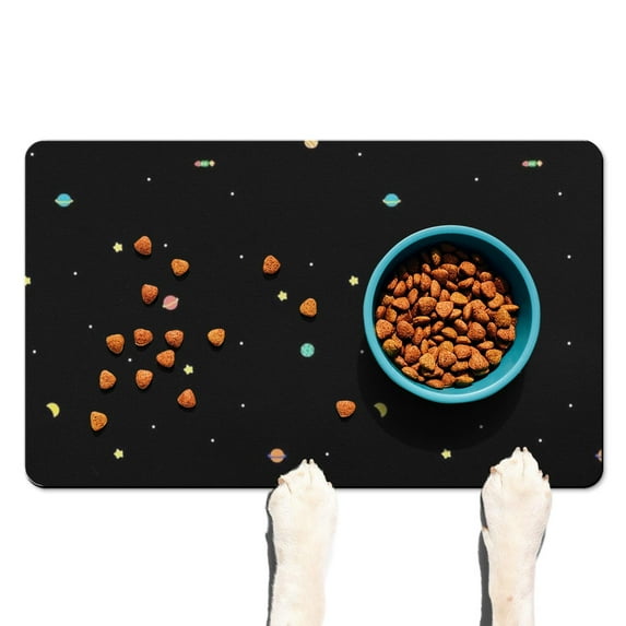 Cute Space Dog Bowl Mat - Absorbent Pet Feeding Mat with Starry Night Sky Design - Non-Slip Waterproof Placemat (Eco-Friendly)