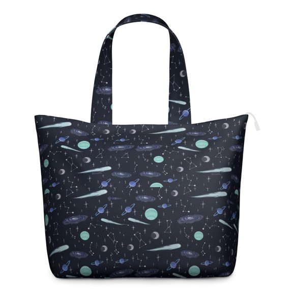 Cute Space Galaxy Aesthetic Travel Tote Bag with Rocket Planet Print Lightweight Weekender Bag with Multiple Pockets for Weekend Getaways