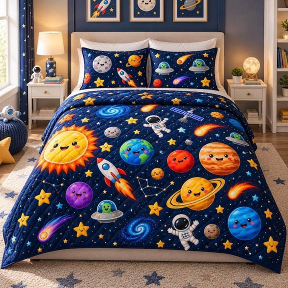 Cute Space Planet Quilt Bedding Set, Astronaut Rocket Alien Galaxy Kids Bedroom Decor