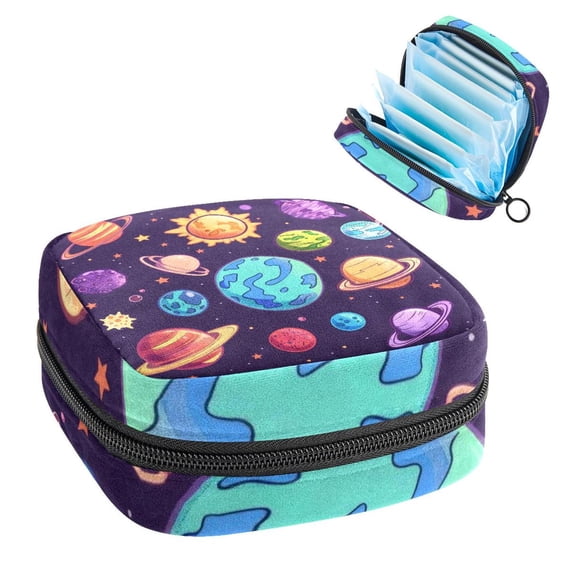 Cute Space Planets and Stars Cartoon Pattern Sanitary Napkin Storage Bag, Zipper Menstrual Cup Pouch Feminine Menstruation First Period Pads Holder for Girls Women Ladies