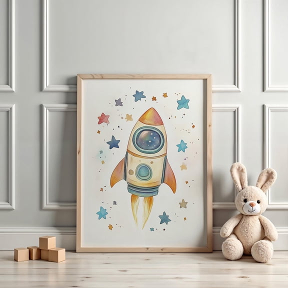 Cute Space Rocket Nursery Wall Art Outer Space Childrens Decor, Stretched Canvas 8x10in