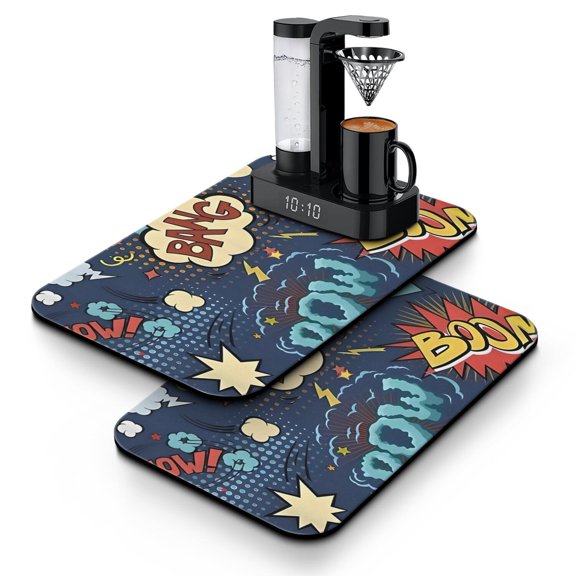Cute Space Theme Coffee Station Mat 2pcs - Funny Rocket & Planets Design, Absorbent Non-Slip Counter Protector, Multi-Use Kitchen Mat