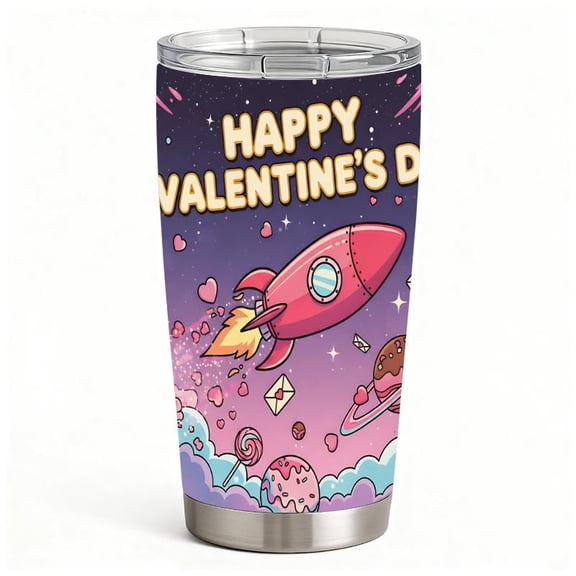 Cute Space Valentine Tumbler, Pink Rocket & Planet Artwork, Leak-Proof Stainless Steel Drink Cup, Gift Idea