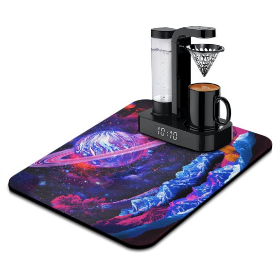 Cute Space and Galaxy Dish Drying Mat, Nebula Cosmic Rocket Absorbent Kitchen Mat