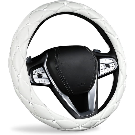 Cute Sparkly White Car Steering Wheel Cover, Soft Breathable Anti-Slip PU Leather Steering Wheels Covers with Diamond Bling Rhinestone,Universal Protector Cars Accessories