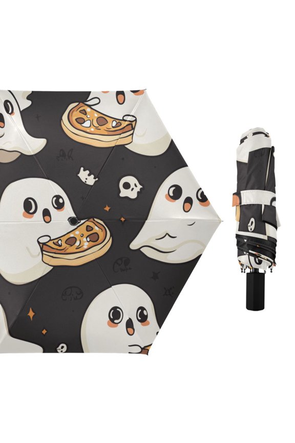 Cute Specter Eating Pizza Halloween All Weather Umbrella Triple Folding Parasol 6 Ribs UV Protection Portable