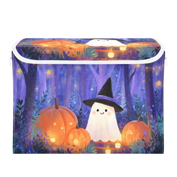 Cute Specter and Pumpkins in Forest Halloween Foldable Storage Bins with Lids Handles Collapsible Storage Containers Tote Boxes 16.5 x 12.6 x 11.8 inches
