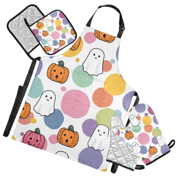 Cute Specter with Colorful Dot Pumpkins Halloween Apron Set with Oven Mitts Pot Holders Set of 5 Kitchen Stuff Accessories