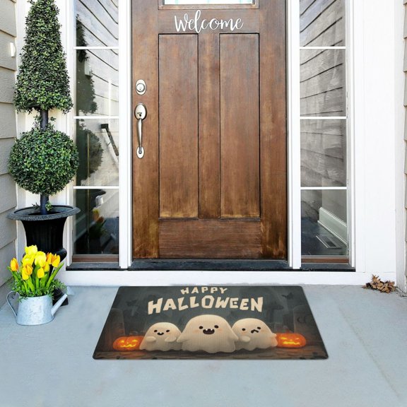 Cute Specter with Pumpkin Lamp Halloween Doormats Welcome Mats Gate Pads Entryway Outdoor 32" x 20"