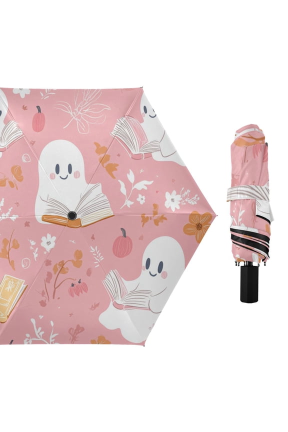 Cute Specters Reading Book Halloween All Weather Umbrella Triple Folding Parasol 6 Ribs UV Protection Portable