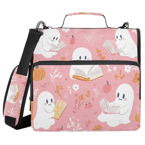 Cute Specters Reading Book Halloween Binder Bag with Shoulder Strap 3 Ring Zipper Binder File Folder Document Storage