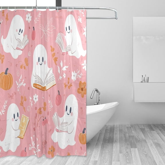 Cute Specters Reading Book Halloween Shower Curtains with 12 Hooks Waterproof Bathroom Decor 66" x 72"