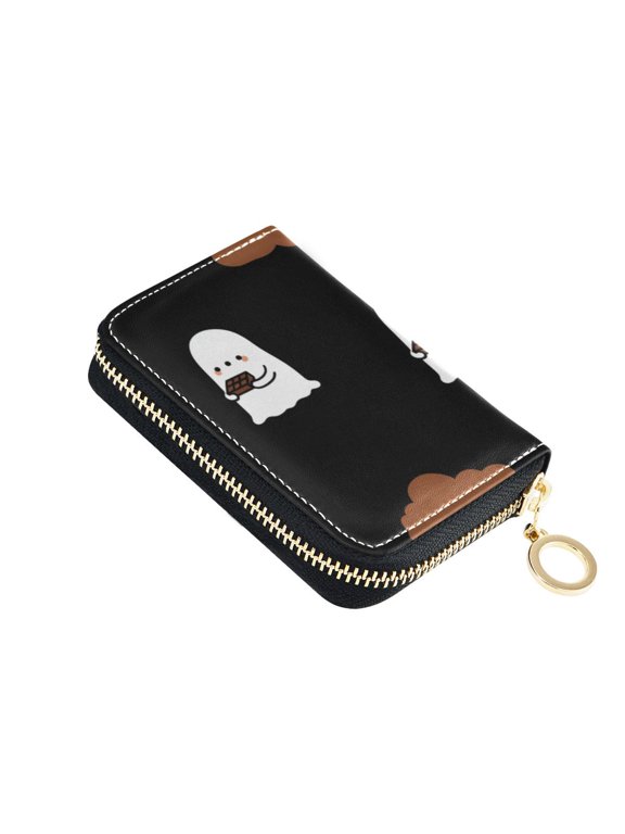 Cute Specters with Chocolates Clouds Halloween Women's Credit Card Holder PU Leather Zipper Wallet RFID Blocking