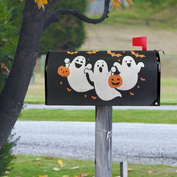 Cute Specters with Pumpkin Lights Bats Halloween Magnetic Mailbox Cover Rust Protection Yard Decor 20.7" x 18.03"