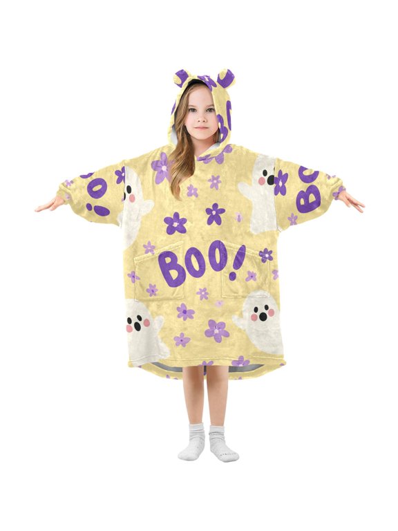 Cute Specters with Purple Flowers Halloween Flannel Wearable Blankets Hooded Design Long Sleeves Wrap Unisex for 3T-14Y S