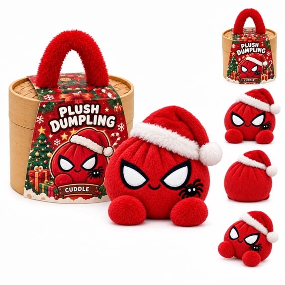 Cute Spider Embroidery Dumpling Plush Toy with Bamboo Steamer Gift Box, Christmas Squeezable Squishies Stuffed Plush, Stress Relief Fidget Toy, Xmas Stocking Stuffer Gift,