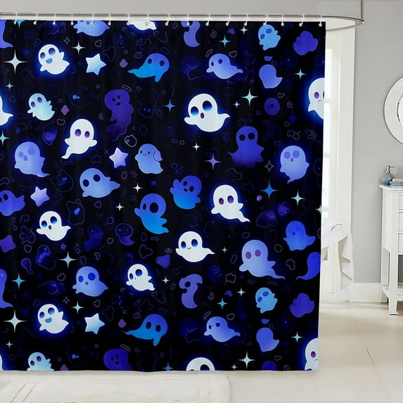 Cute Spooky Animal Waterproof Bathroom Curtain Kawaii Ghost Print Bath Curtain, Halloween Themed Shower Curtain Black Navy Blue White Bathroom Curtains, Glitter Stars Shower Set