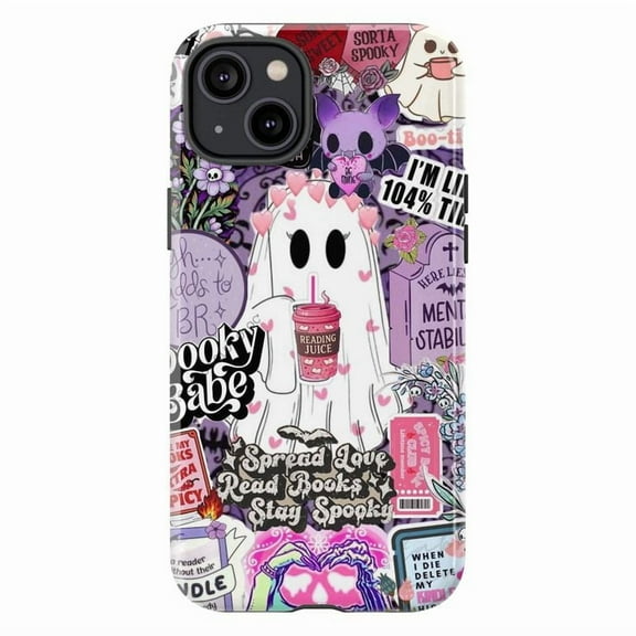 Cute Spooky Babe Halloween iPhone Case, Pastel Goth Ghost Collage with Reading Juice, Mental Health & Bookish Quotes – Fun Fall Aesthetic Cover for iPhone 16 15 14 13 12 11 Pro Max Plus Mini
