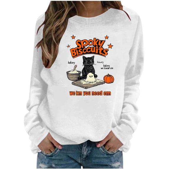 Cute Spooky Biscuits Graphic Sweatshirt Women Black Cat Ghost Dough Print Crew Neck Long Sleeve Pullover Oversized Fleece Lined Fall Top for Halloween Party Casual Outfits
