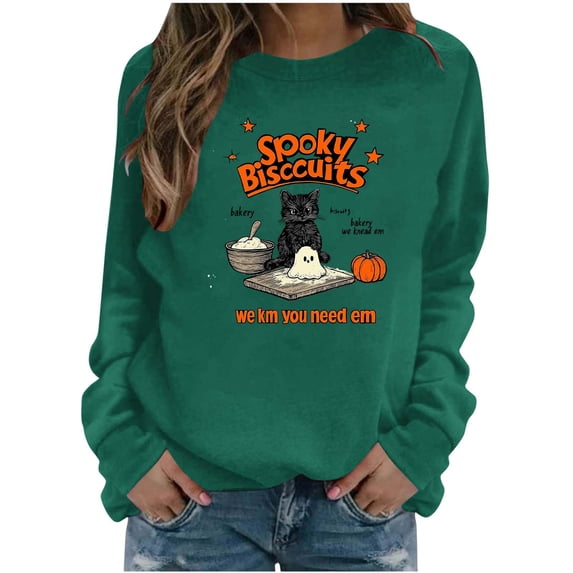 Cute Spooky Biscuits Graphic Sweatshirt Women Black Cat Ghost Dough Print Crew Neck Long Sleeve Pullover Oversized Fleece Lined Fall Top for Halloween Party Casual Outfits