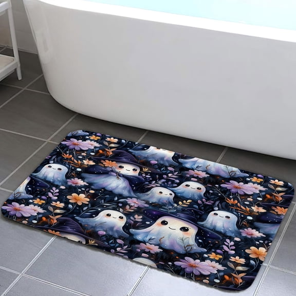 Cute Spooky Ghost Halloween Bath Rugs Mats, Funny Black Purple Natural Rustic Flowers Leaves Spooky Girls Boys Bathroom Mat, Flannel Kitchen Bedroom Floor Mat Decor, 15.7X23.6in
