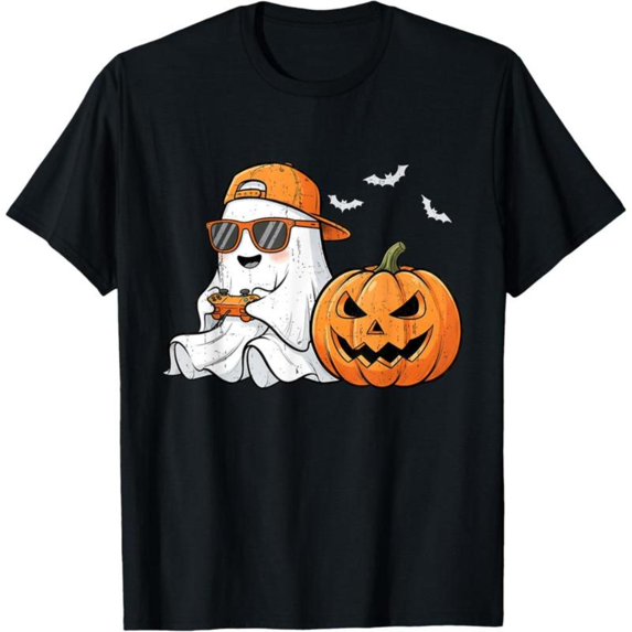 Cute Spooky with Sunglasses Playing Game Funny Halloween Graphic Tee T-Shirt Tops for Men,Comfort Top,Causal,cotton,black,S-5XL