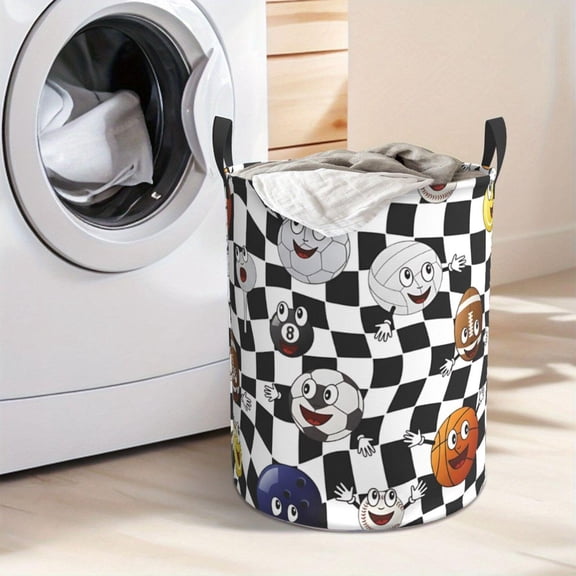 Cute Sports Balls Checkerboard Laundry Hamper Portable Storage Hamper with Sturdy Handle， Oxford Cloth， Easy to Store and Collapsible Design， Laundry Baskets