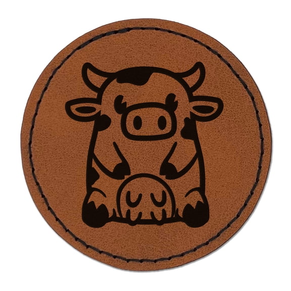 Cute Spotted Cow Sitting 2.5" Faux Leather Round Engraved Iron-On Patch - Brown