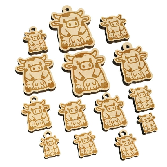 Cute Spotted Cow Sitting Wood Mini Charms Shapes DIY Craft Jewelry - With Hole - Various Sizes (16pcs)