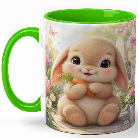 Cute Spring Bunny Coffee Mug, Rabbit with Carrot Flower Garden Design, 11 oz Ceramic Cup