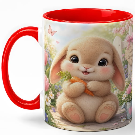 Cute Spring Bunny Coffee Mug, Rabbit with Carrot Flower Garden Design, 11 oz Ceramic Cup