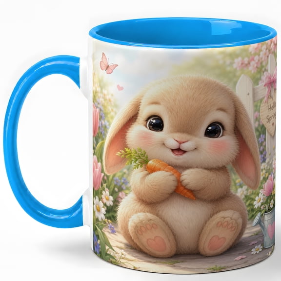 Cute Spring Bunny Coffee Mug, Rabbit with Carrot Flower Garden Design, 11 oz Ceramic Cup