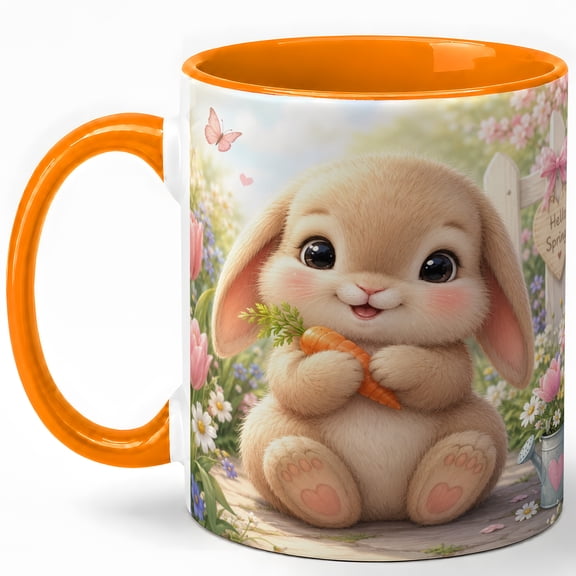Cute Spring Bunny Coffee Mug, Rabbit with Carrot Flower Garden Design, 11 oz Ceramic Cup