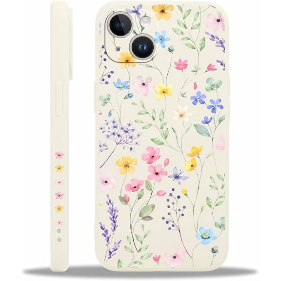 Cute Spring Flower Phone Case for iPhone 13 Case 6.1", Aesthetic Floral Blue Buttefly Pattern Design Beige Cover Shockproof Soft Slim TPU Full Camera Lens Protective Funda for Women Girls