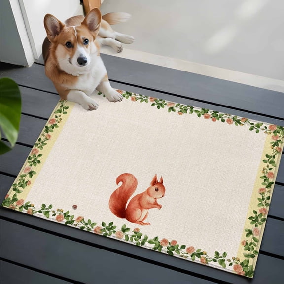 Cute Squirrel 2x3 Area Rugs for Living Room, Spring Pink Rose Flower Green Leaf Yellow Border Linen Non Slip Floor Mat Washable Low-Profile Indoor Carpet for Bedroom, Dining Room, Bathroom