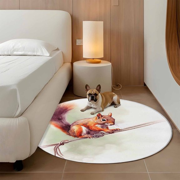 Cute Squirrel 3ft Round Rug for Bathroom Accent Bedside Corner, Holding Rope Wild Life Washable Non Slip Circle Area Rug for Small Spaces