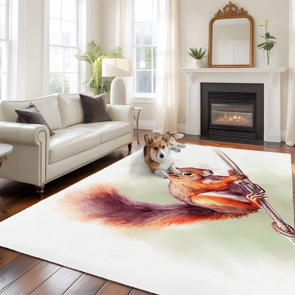 Cute Squirrel 5x7 Area Rugs for Living Room, Holding Rope Wild Life Non Slip Floor Mat Washable Low-Profile Indoor Carpet for Bedroom, Dining Room, Bathroom